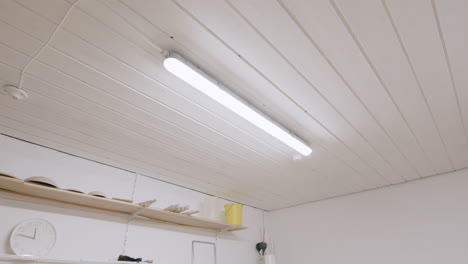 mirando hacia arriba a una luz de neón en el sótano, la luz apagándose, la habitación oscura