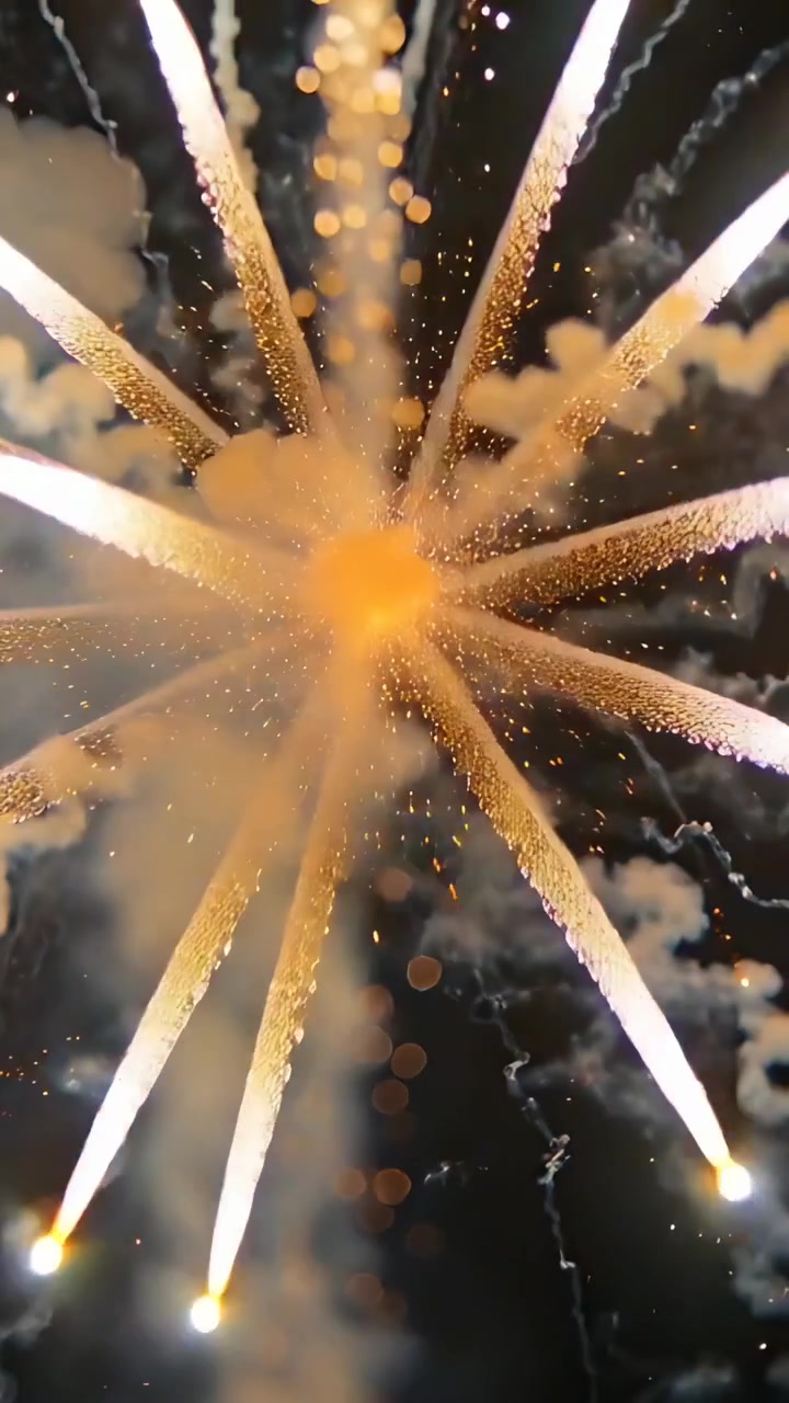Vertikales Video: Leuchtrakete startet mit einer Spur am Nachthimmel, platzt in einem goldenen Sternenregen zur Show.