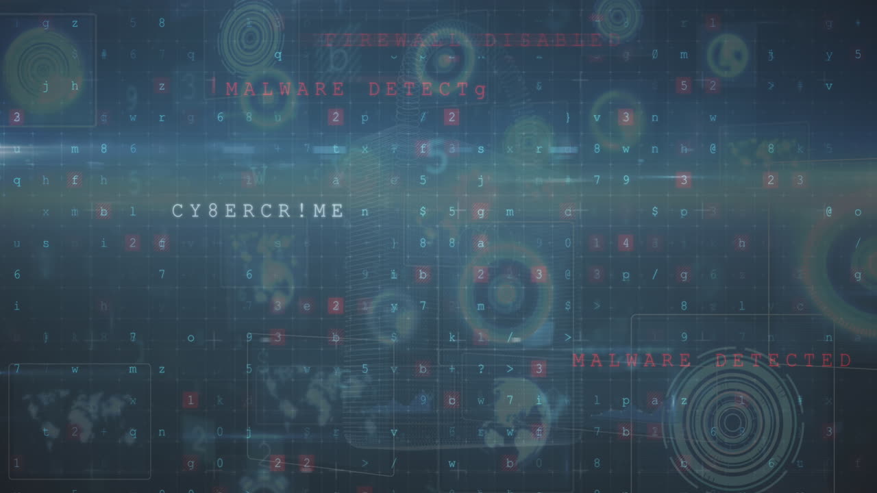 Animation of cyber attack warning text and data processing