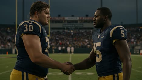 a powerful moment of unity and sportsmanship between teammates during a competitive football game under dramatic skies