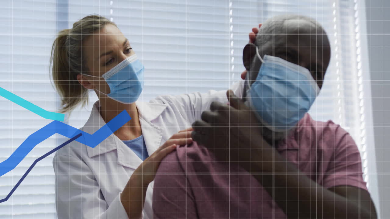 female doctor examining male patient wearing masks in clinic, with grid overlay and chart graphics