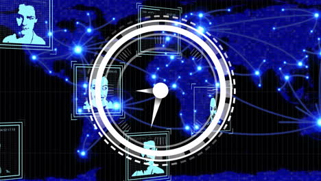 animación de reloj, globo terrestre, mapa del mundo y conexiones en fondo negro