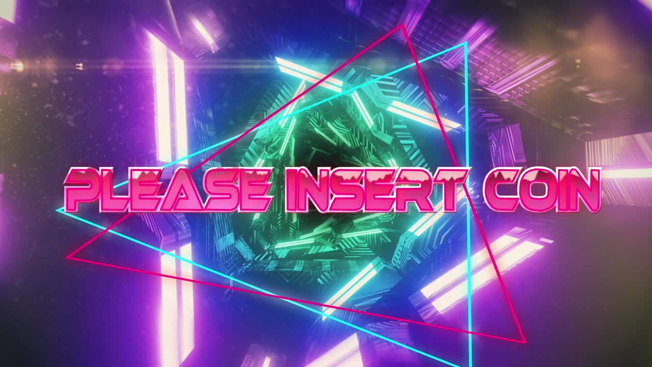 animación de por favor inserte el texto de la moneda sobre el túnel digital en movimiento