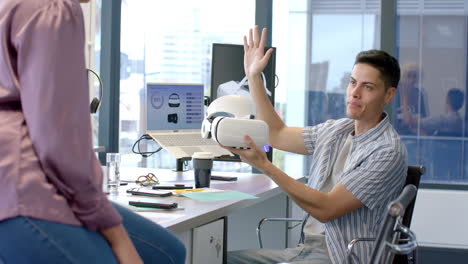 discussing virtual reality headset, colleagues collaborating in modern office