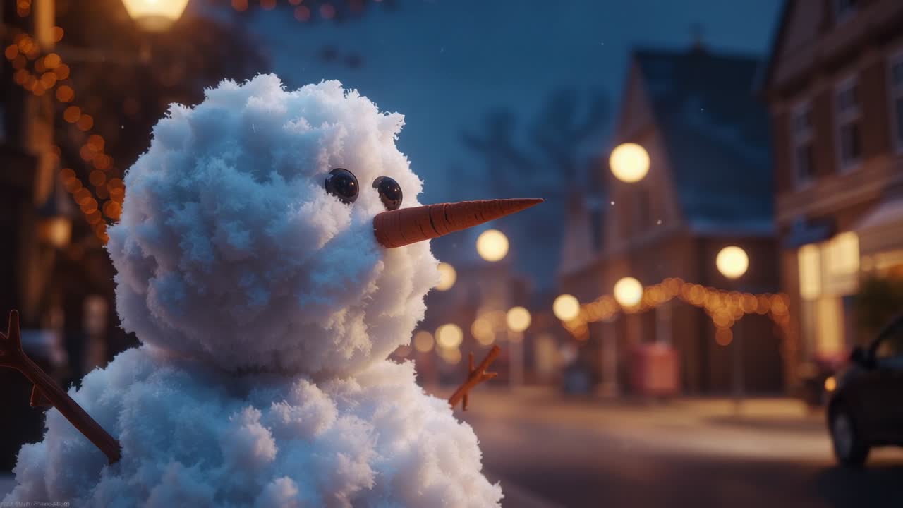 Car turning on headlights moving past snowman on street at dusk with string lights, copy space