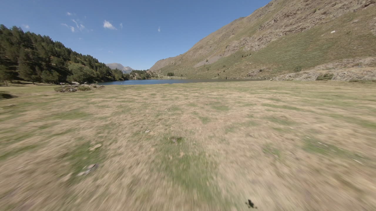 drone fpv acelerando entre árboles alpinos hacia el lago del bosque de los pirineos de porté puymorens