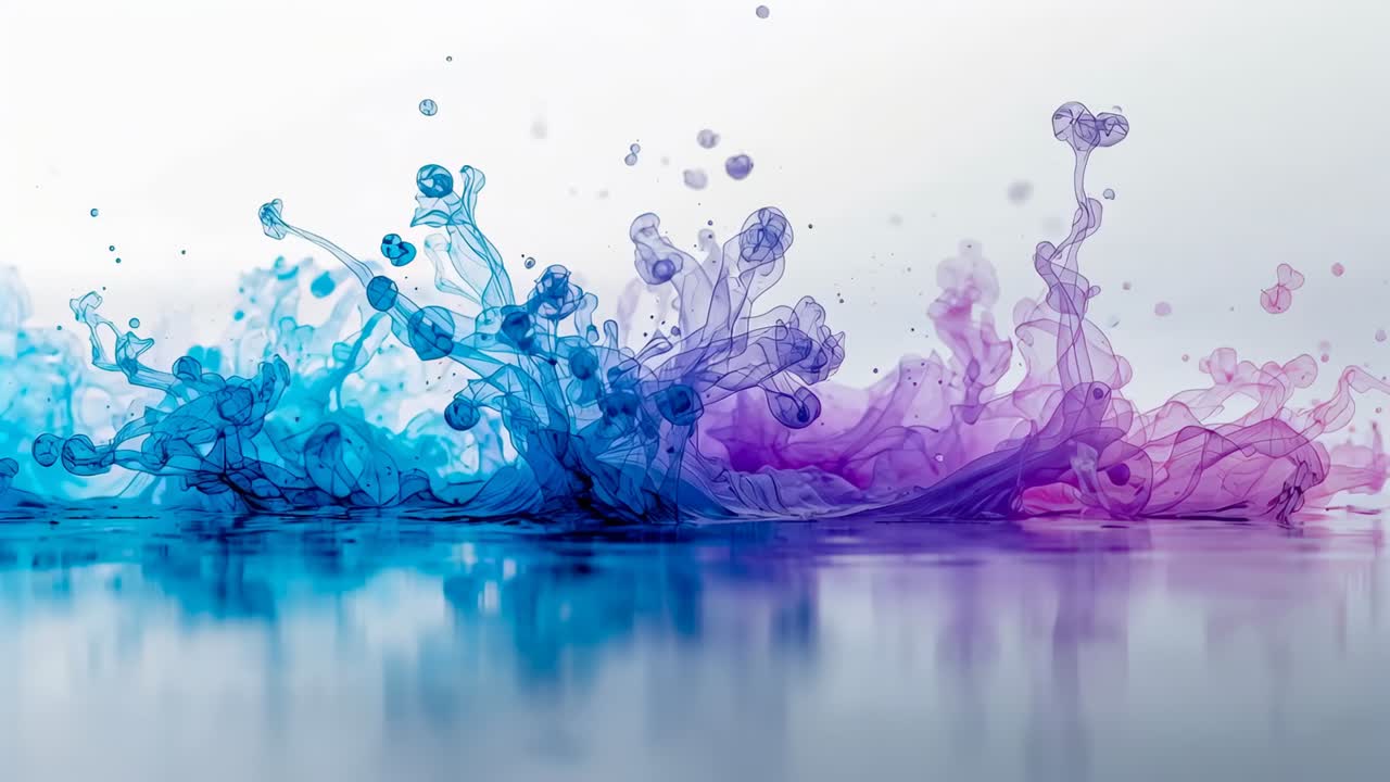 Goccioline che rilasciano pennacchi ciano magenta che si alzano e si arricciano sull'acqua a specchio, sfondo bianco