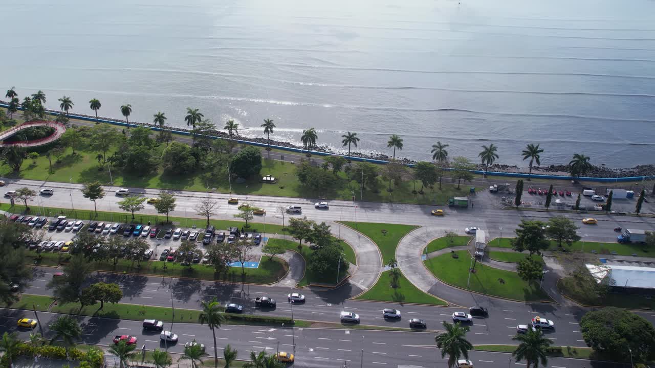 Drone Shot of Traffic on Avenida Balboa, Panama City, Cars and Promenade Park