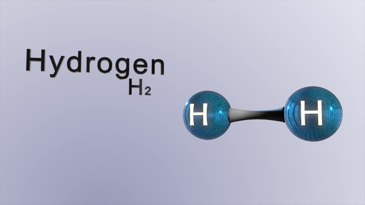 간단한 블랙 라벨과 화학 기호가 있는 수소 분자의 과학적 분자 모델의 고품질 cgi 렌더링