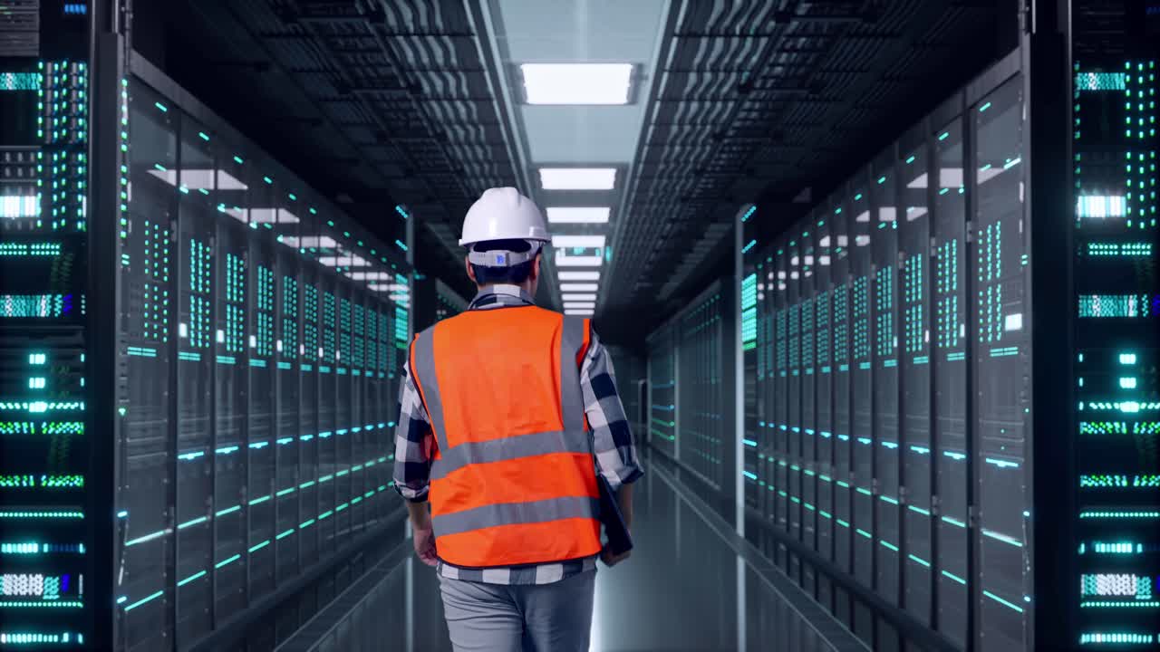 Back of Asian Male Engineer Holding Tablet While Walking in Server Room Data Center