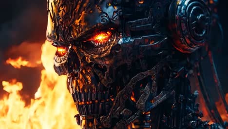 a close up of a robot with red eyes in front of a fire