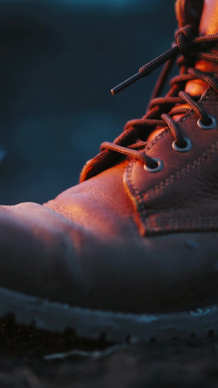 Video vertikal: Kamera memperketat fokus pada sepatu bot kulit cokelat di tanah, menyoroti ujung tali sepatu