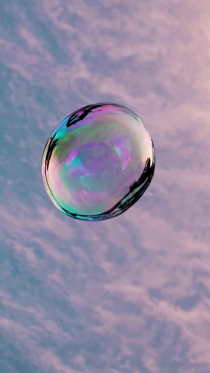 A close-up, low-angle shot of a colorful soap bubble against a cloudy sky, capturing a dreamy