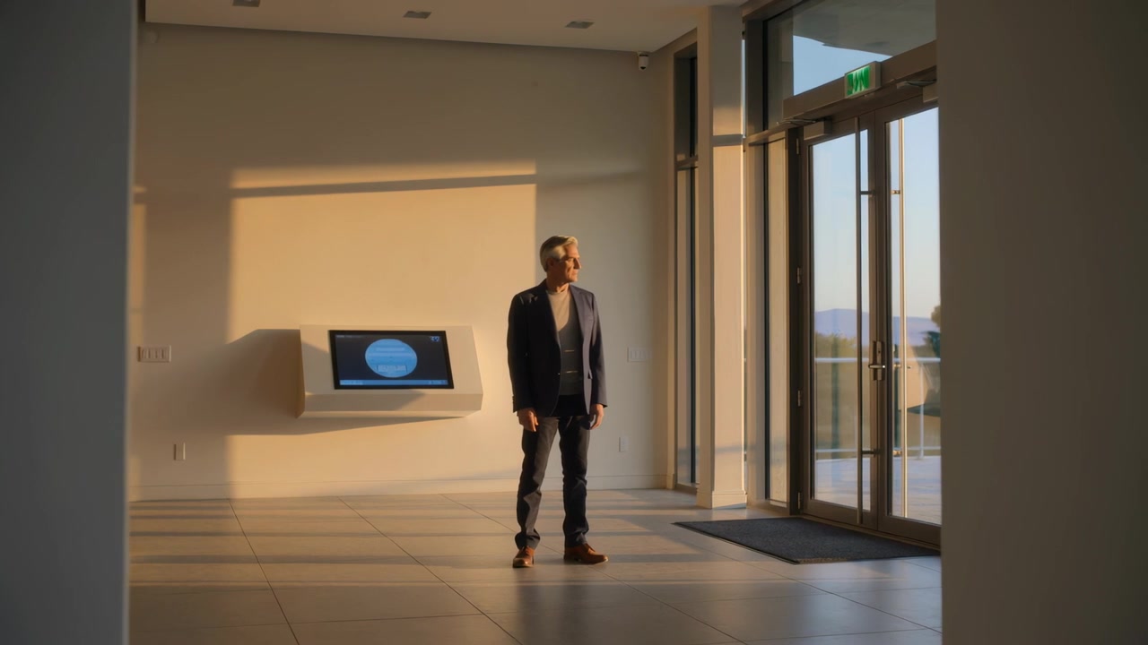 Standing man in dark blazer scanning glass doors in lobby with sunlight drawing gaze, touchscreen