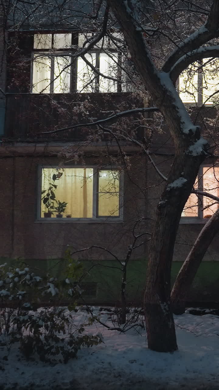 은 저녁 하늘 아래 눈으로 인 나무 가지로 둘러싸인 창문으로 흐르는 반이는 빛으로 조명된 사무실 건물 외관