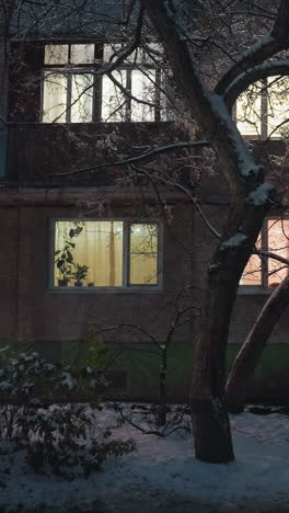 exterior del edificio de oficinas iluminado por una luz brillante que fluye a través de ventanas rodeadas de ramas de árboles cubiertas de nieve, bajo un cielo oscuro de la noche
