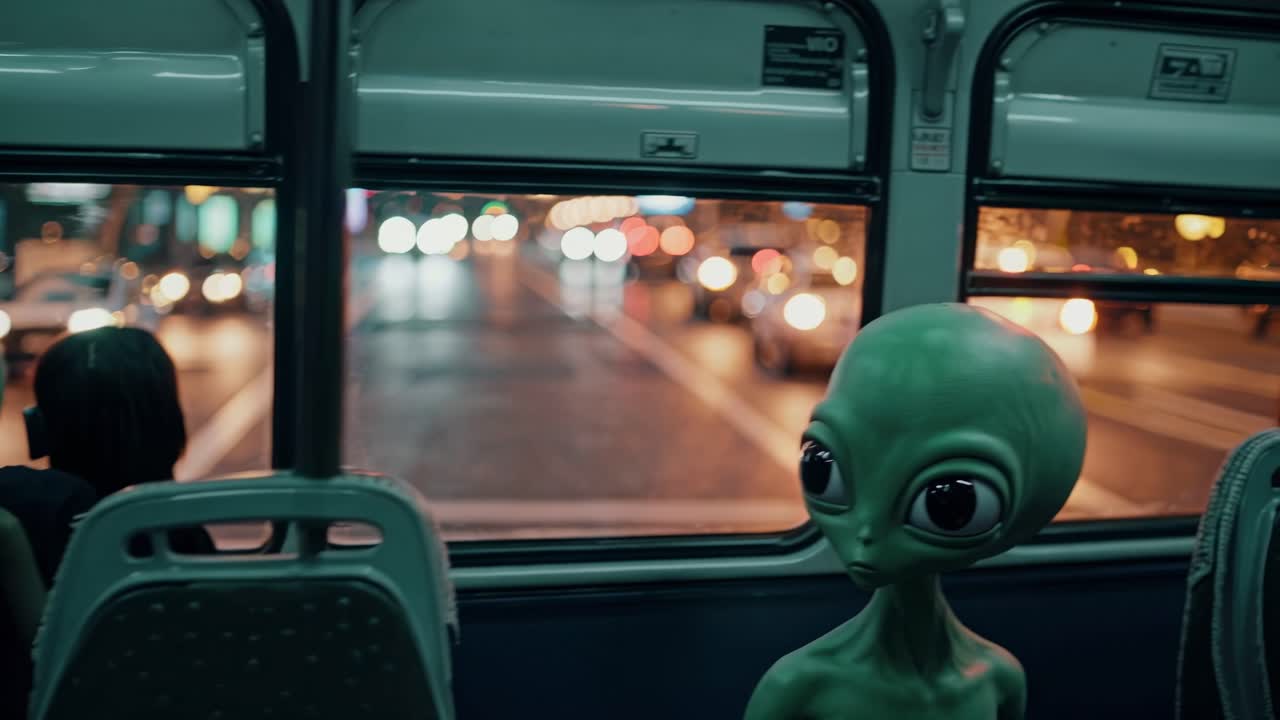 Extraterrestrial traveling on public transport at night, observing urban traffic and vibrant city lights through the bus window, embracing the mysteries of a bustling metropolis