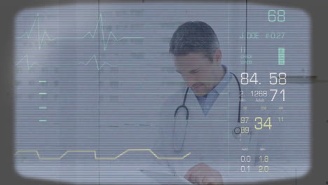 Reviewing-patient-records,-doctor-with-medical-data-processing-animation