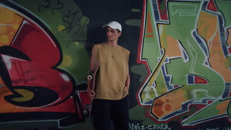 Cheerful-man-having-break-after-training-at-skatepark.-Teen-holding-skateboard.