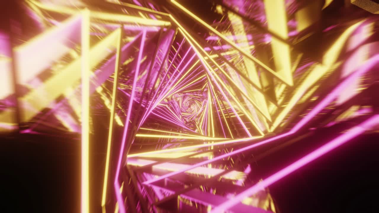 movimiento de bucle abstracto fondo espacial 3d ciencia ficción con una perspectiva de túnel triángulos luz de neón. camino al infinito.