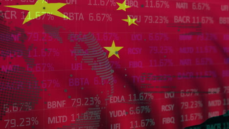 animation of data processing and globe over flag of china and stock market