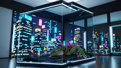 neon iguana in a modern display case