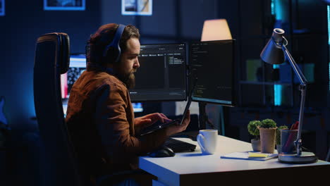 desarrollador escribiendo código complejo en una oficina en casa iluminada con neón, escuchando música