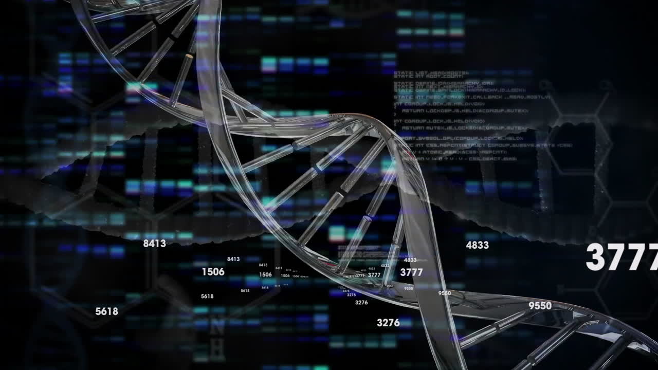 DNA strand with binary coding, scientific data processing in animation style