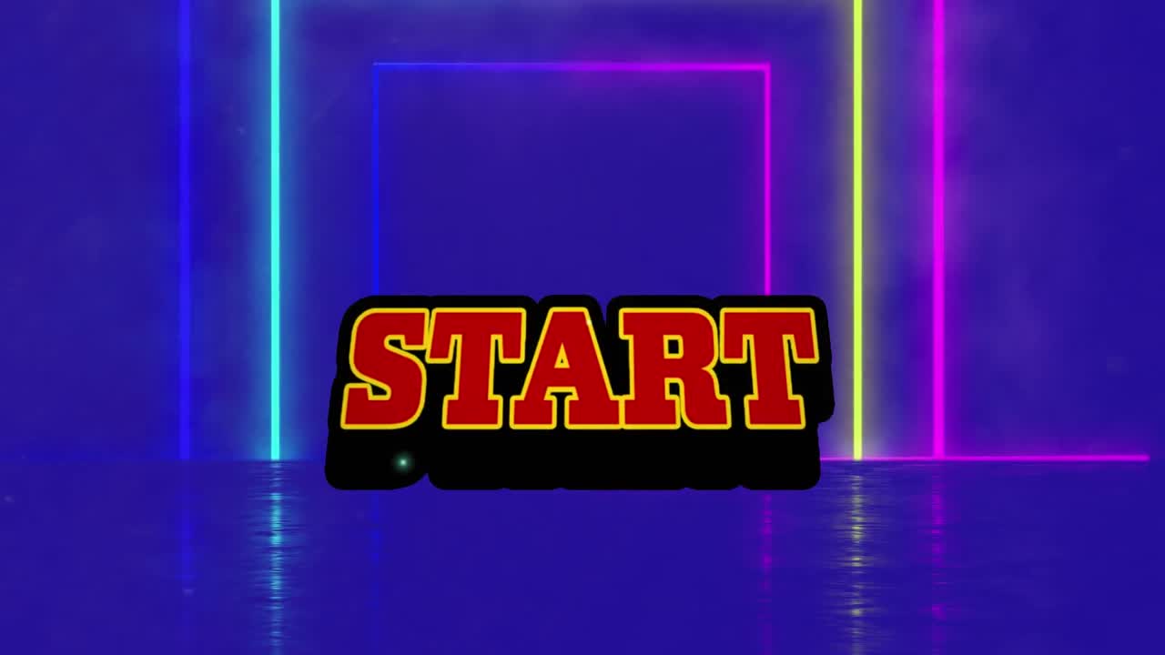 Animation of start text over neon shapes on blue background