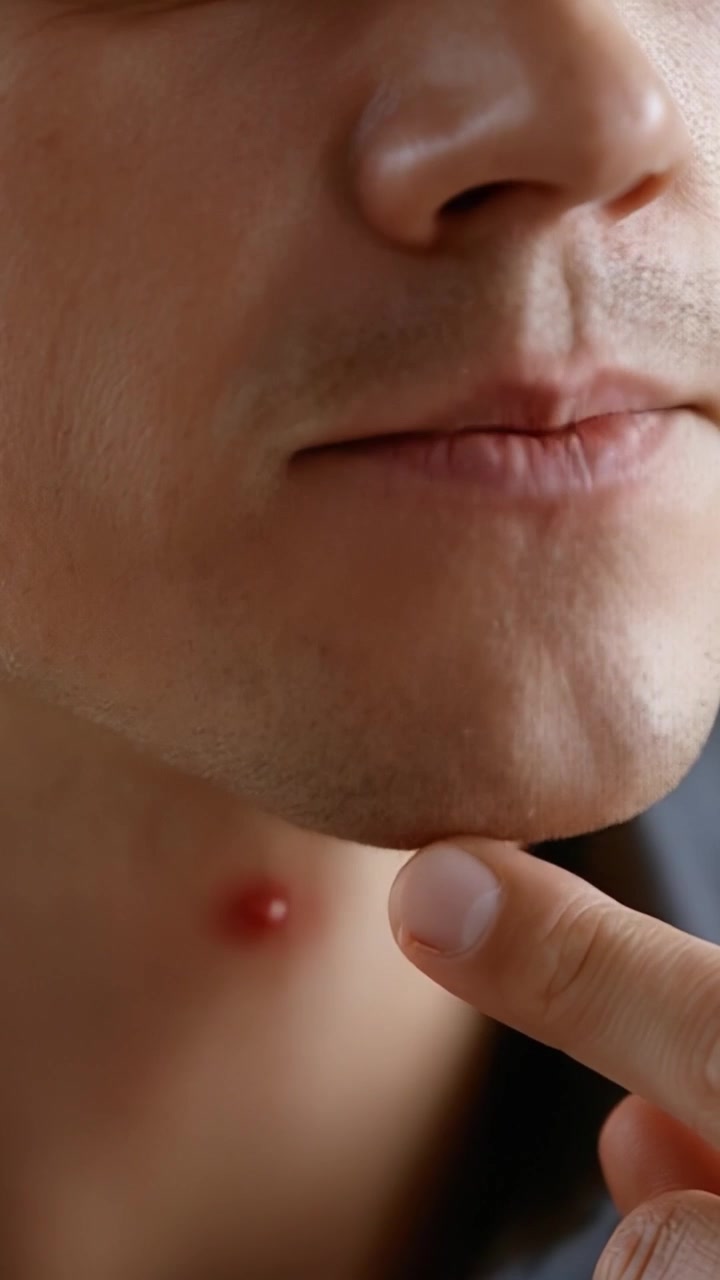 Primo piano del mento di un giovane uomo, che evidenzia una piccola imperfezione mentre tocca delicatamente l'area con il dito, catturando un momento personale di riflessione