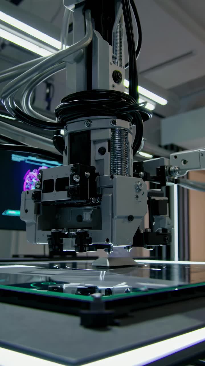 Close-up video shot of a 3D printer in action, showcasing intricate machinery and precision