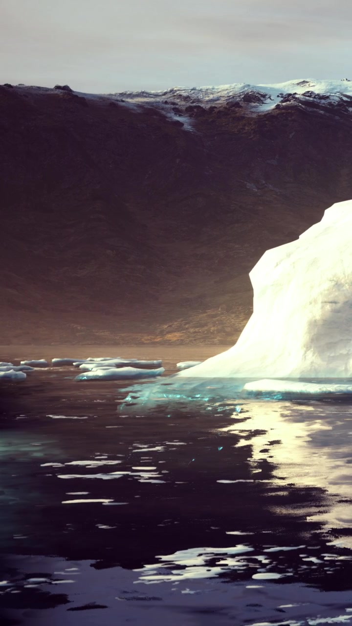 Iceberg e riflessi nell'acqua vicino a una cresta montuosa durante il tramonto.