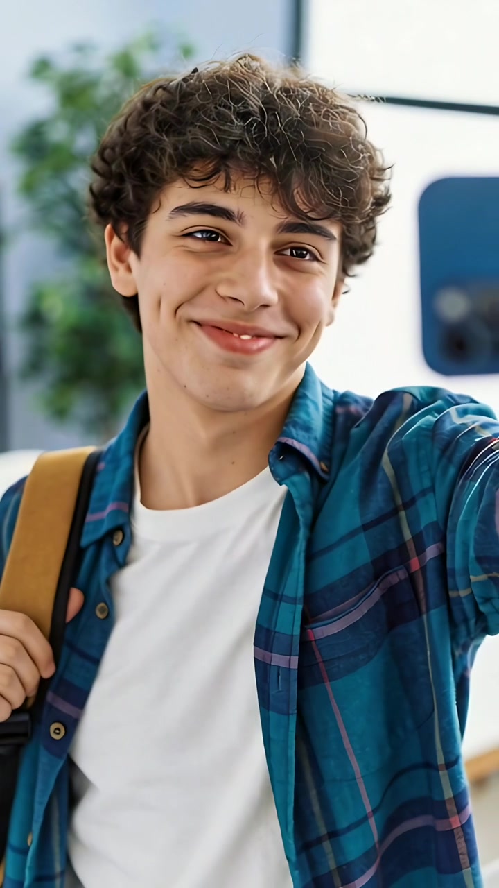 Video verticale: Adolescente sorridente in camicia a quadri con tracolla beige vicino alla finestra, che allunga la mano per il telefono che suona.