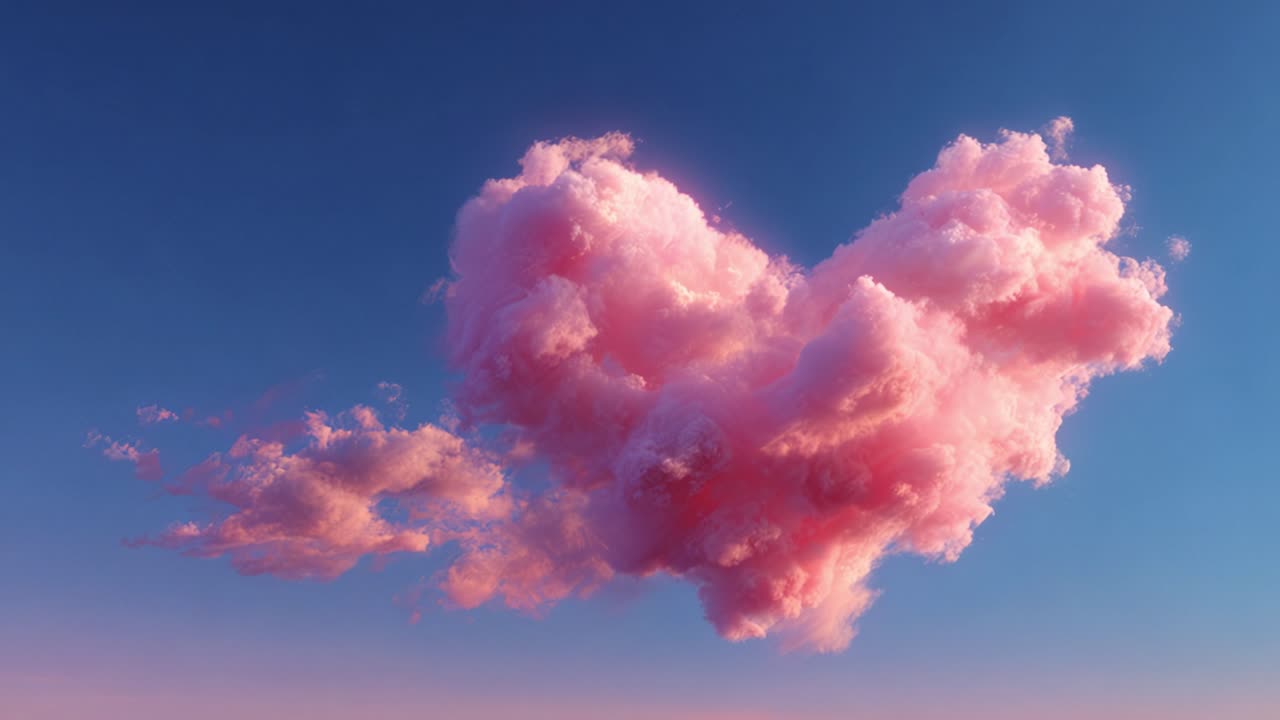 A mesmerizing display of a vibrant heart-shaped cloud floating in a serene blue sky, casting soft shadows and radiating warmth with its pink hues during a tranquil moment
