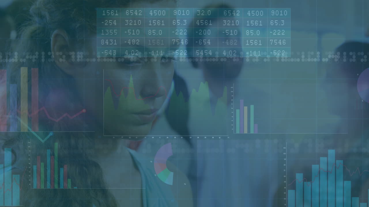Analyzing financial data, woman with animation of graphs and charts in school