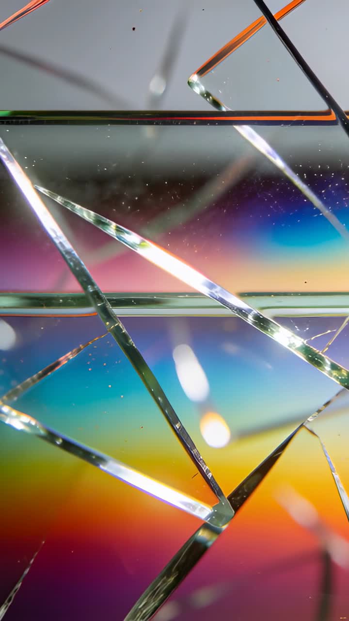 Video verticale: Luci cangianti si spostano su frammenti e una mensola su un arcobaleno, rivelando rifrazioni