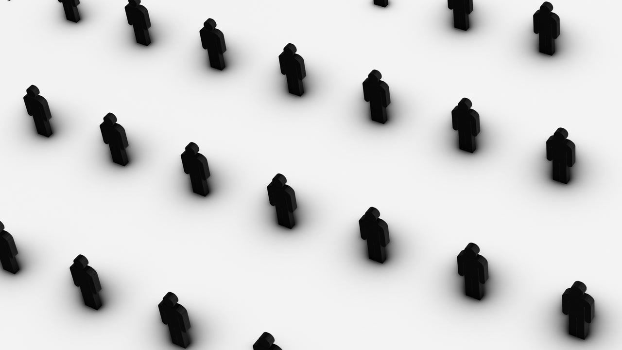 Panoramica di figure maschili nere 3D su pavimento bianco con ombra. Ideale per temi di big data, studi demografici, networking digitale, risorse umane, ricerche di mercato