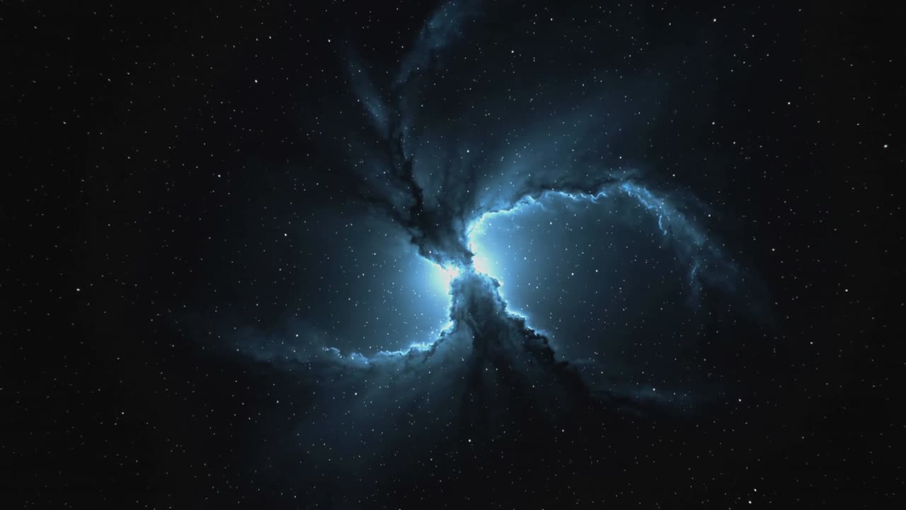 Telecamera che si allontana su un asteroide, una cresta che si trasforma in ombra, braci che si alzano, rivelando una nebulosa blu.