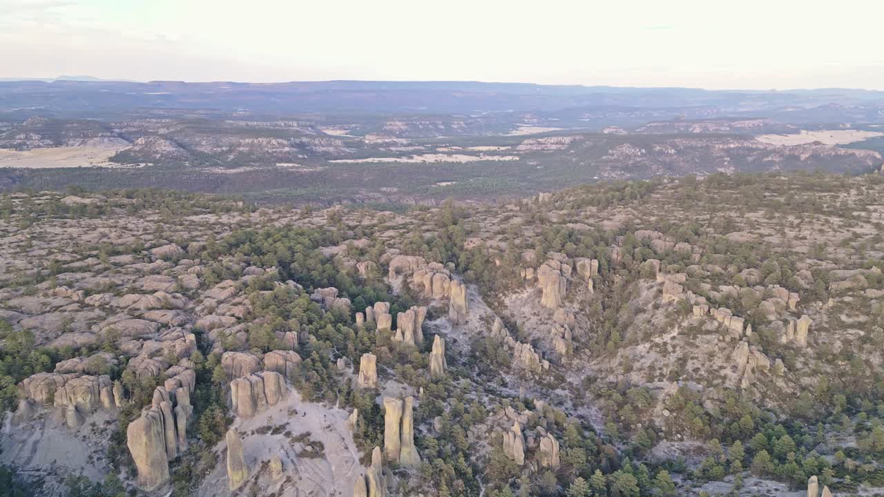 Rocky valley with tall stone formations and pine trees in Valle de los Monjes, Mexico
