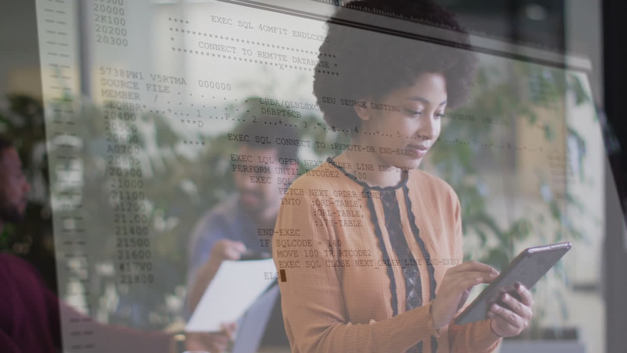 Using tablet with computer code overlay, woman in modern office animation