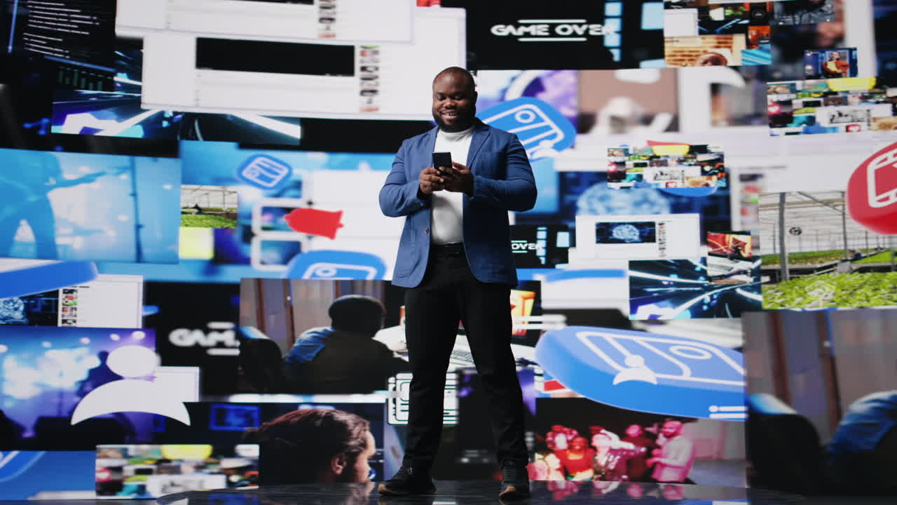 African American person engaged with mobile technology and multimedia feeds