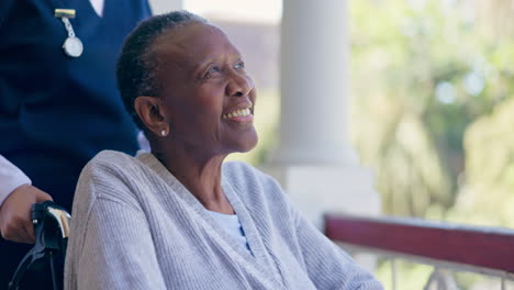 Nurse,-senior-woman-and-push-wheelchair-for-care