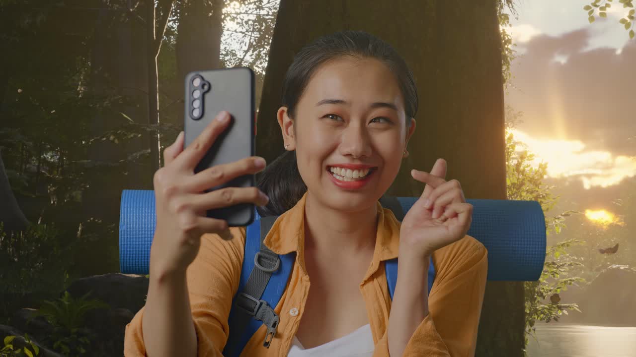mujer feliz tomando selfies en la naturaleza