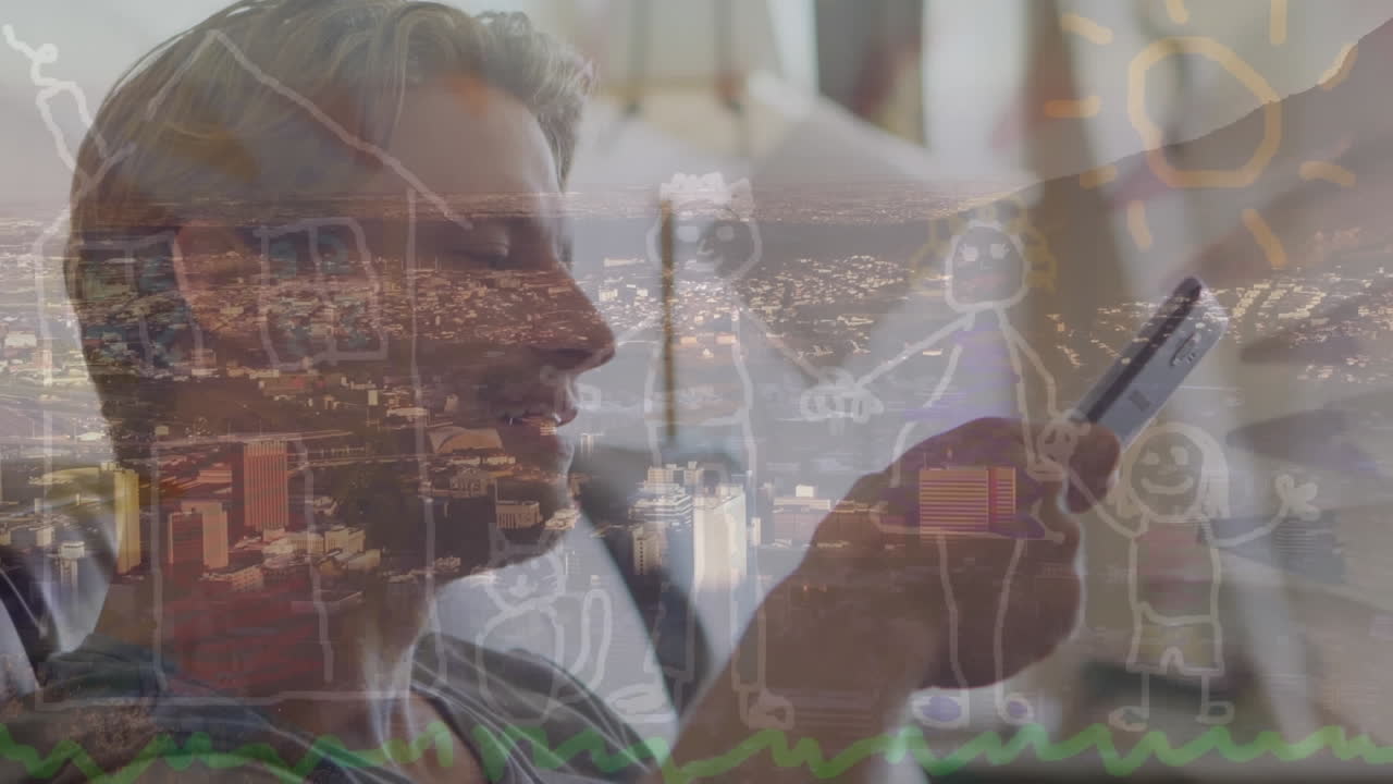 Animation of cityscape over caucasian businessman using smartphone