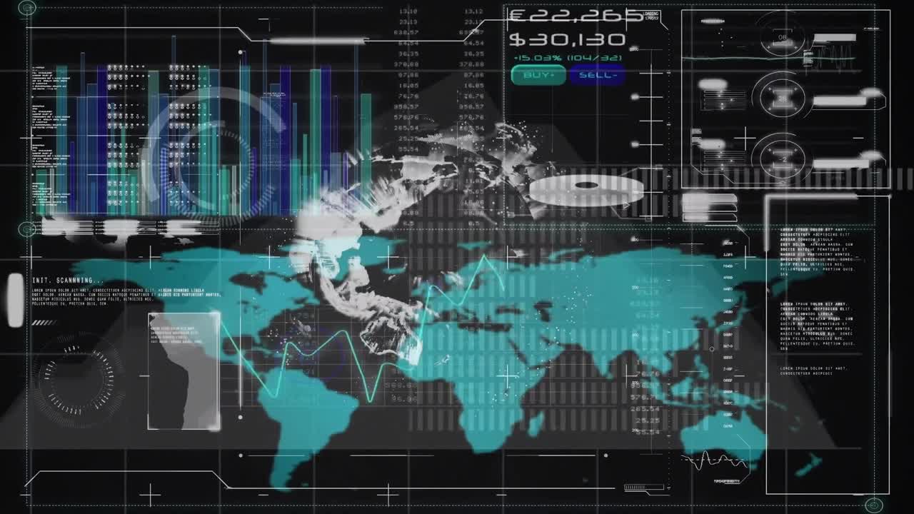 Animation of interface with data processing over spinning globe and world map on black background