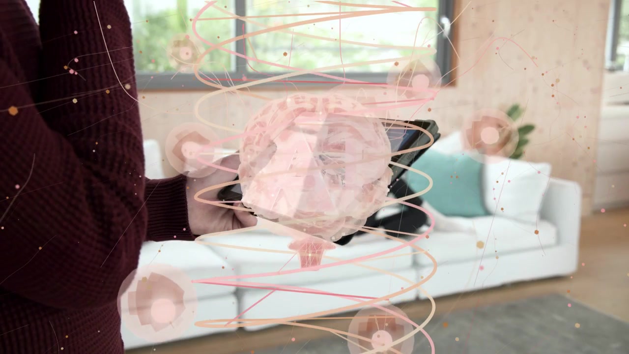Standing woman activating tablet AR brain holo for health study, tilting tablet and rotating nodes