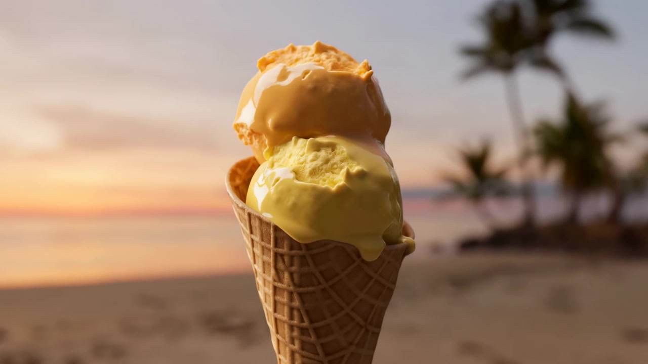 Dos bolas de helado en un cono de gofre se encuentran en primer plano con un cálido cielo al atardecer, arena suave y palmeras borrosas creando una atmósfera de vacaciones relajada