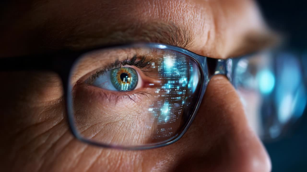 A Close-Up View of a Focused Individual's Eye, Highlighting Modern Technology Reflected in Glasses, Symbolizing Concentration, Digital Interaction, and the Impact of Digital Media on Human Perception