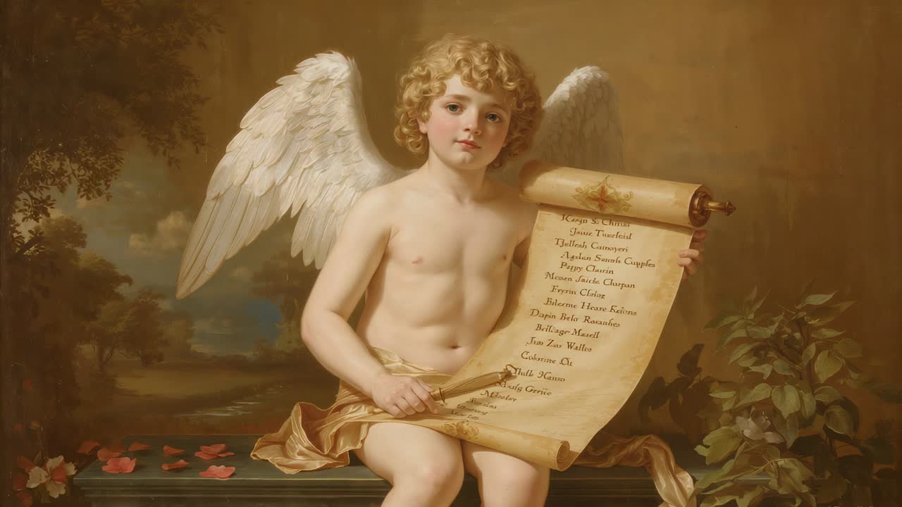 Zooming camera drawing cherub with gold sash closer on canvas, revealing parchment text and quill
