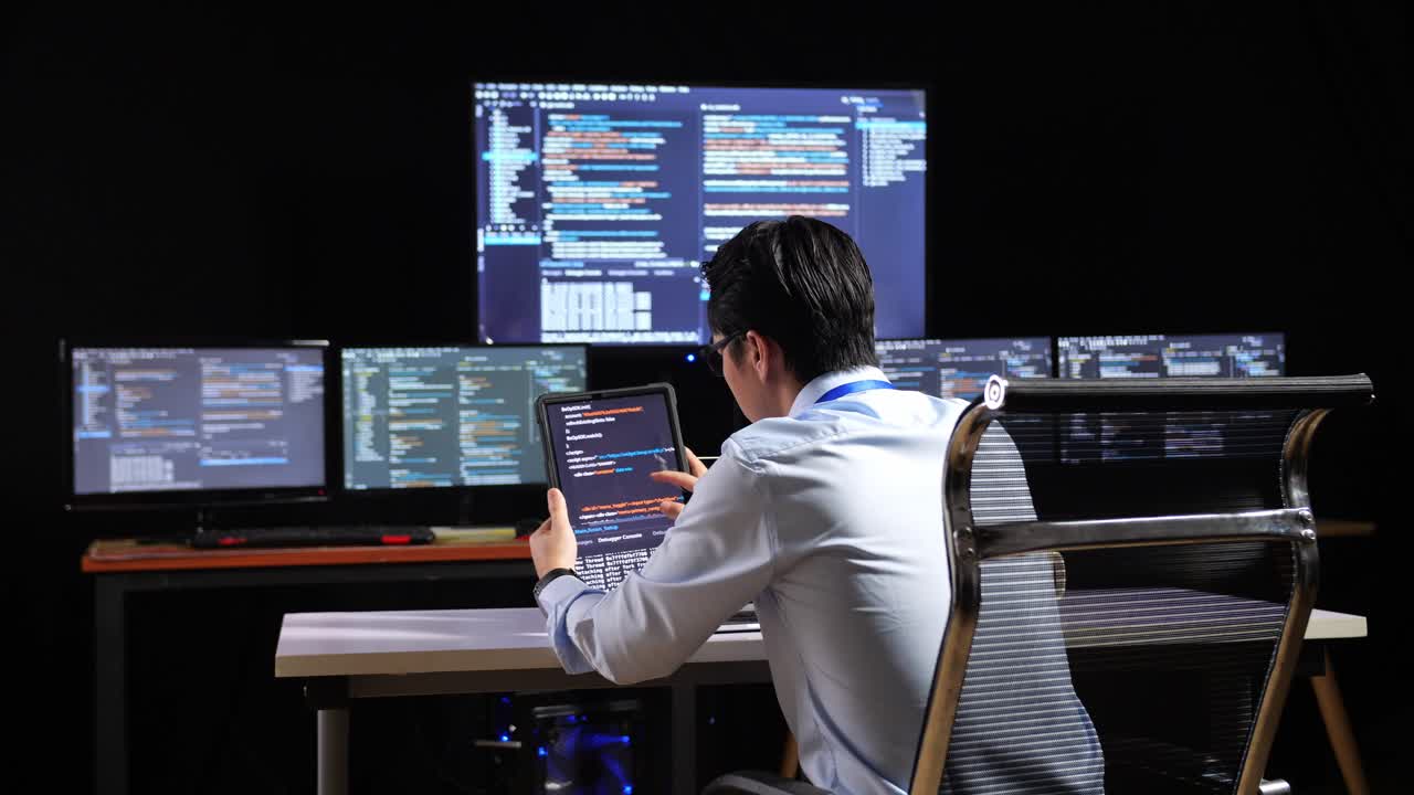 어두운 사무실에서 늦은 밤까지 일하는 프로그래머